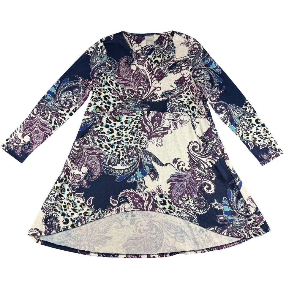 Chico's Top Womens 0P Petite Purple Paisley High-low Hem Top Button-Back Pockets